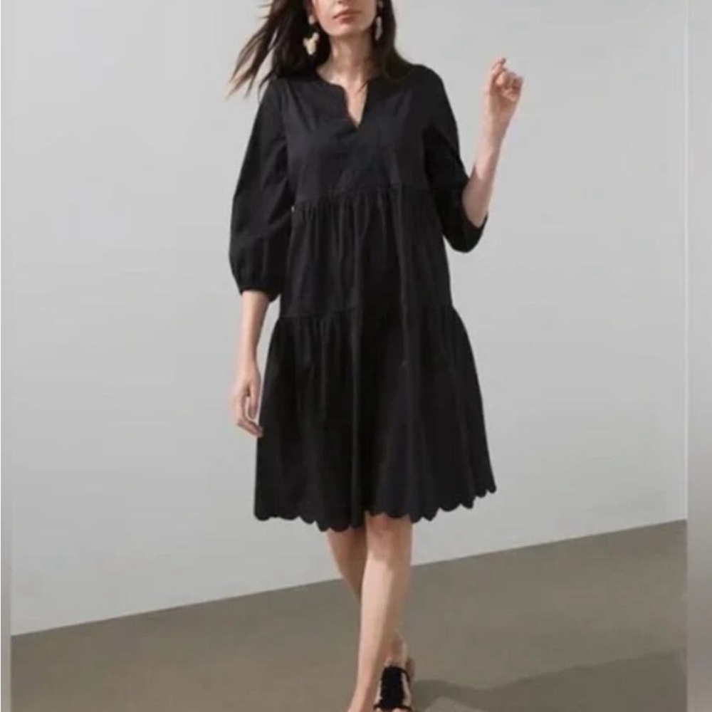Chico’s Black 3/4 Sleeve Tiered Popover Dress with Embroidered Detail Size 1